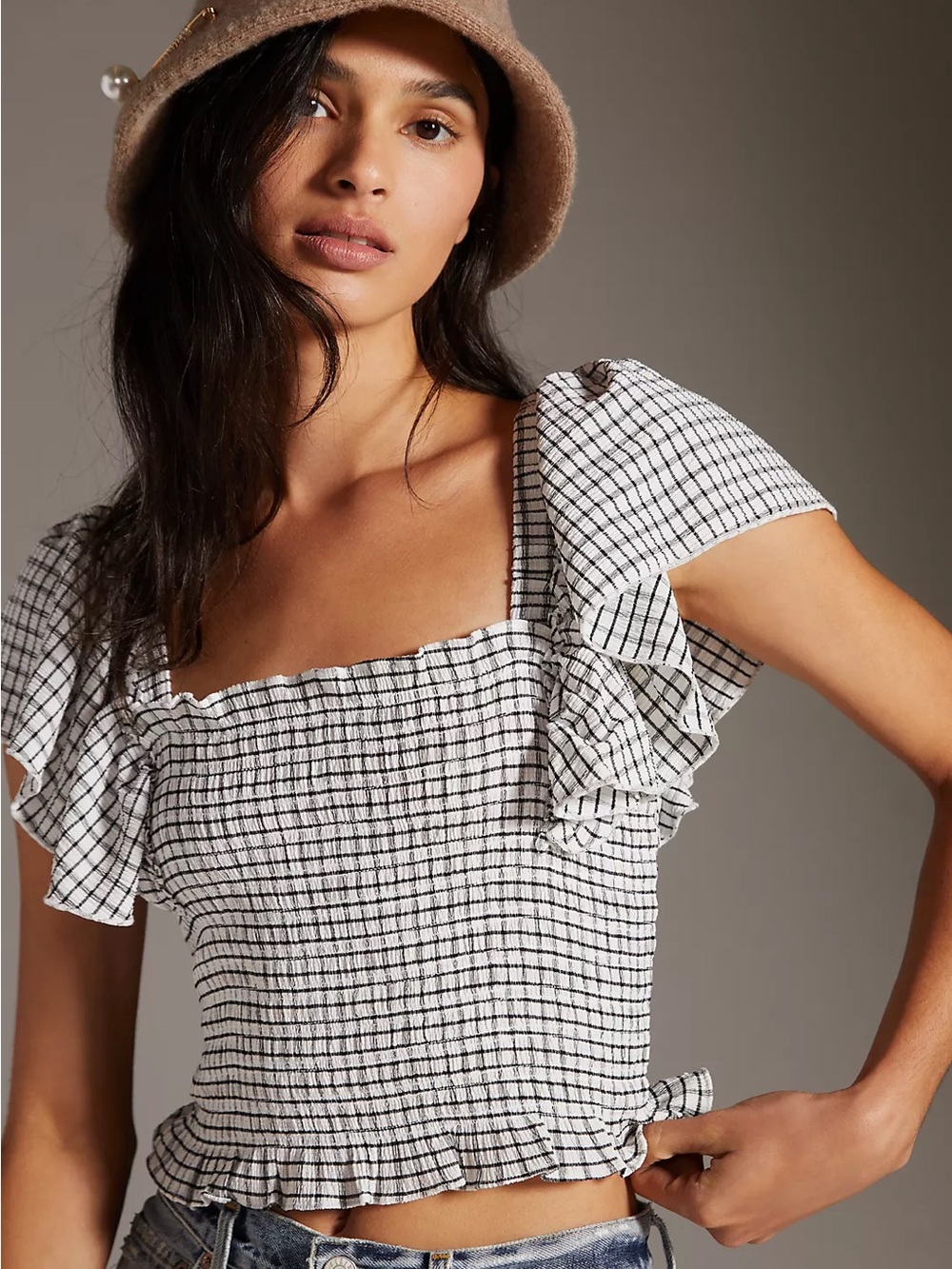 Smocked Gingham Ruffle-Sleeve Crop Top - White/Black